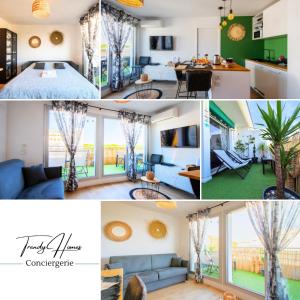 Un collage de fotos de una sala de estar y una casa. en T2 - Terrasse - 3 min à pieds des plages- Parking privée - Clim - Wifi - 4 PAX, en La Grande-Motte