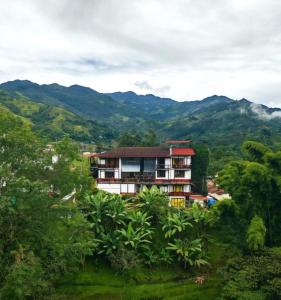 a building in the middle of a forest with mountains in the background at Coffee Tree Boutique Hostel in Salento