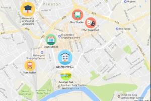 a close up of a map with attractions at King Size City Centre En Suite Room with Parking in Preston