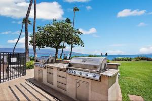 a barbecue grill in front of the ocean with palm trees at Kanai a Nalu 314 - Newly Renovated, Oceanfront, AC in Wailuku