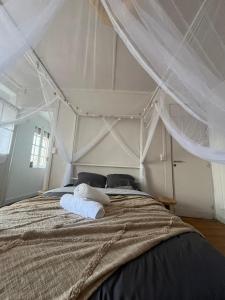 a bedroom with a canopy bed with towels on it at Le Rêve Cosy, Studio Équipé in Arras