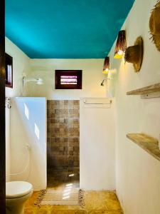 a bathroom with a toilet and a shower with a blue ceiling at Pousada Tangerina in Icaraí