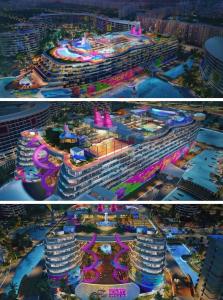 two pictures of a cruise ship at night at Porto golf Alamein in El Alamein