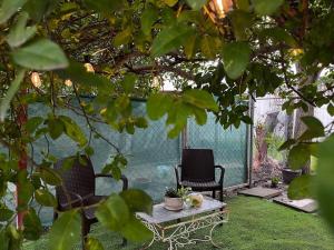 eine Terrasse mit zwei Stühlen und einem Tisch im Gras in der Unterkunft Casita Cacao Canela in Villahermosa
