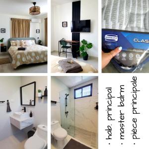 un collage di foto di un bagno e di una camera da letto di King Bed with AC, Wifi and Gym, No Blackouts, Garden Towers I, Santiago RD a Santiago de los Caballeros Altre 6 foto