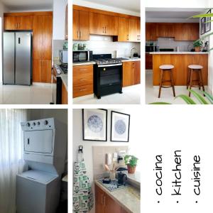 un collage di foto di una cucina con mobili in legno di King Bed with AC, Wifi and Gym, No Blackouts, Garden Towers I, Santiago RD a Santiago de los Caballeros