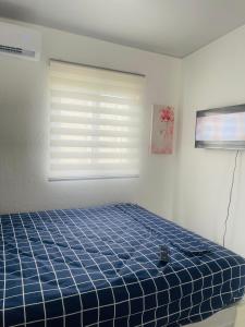 een slaapkamer met een blauw bed en een raam bij Casa tonykey in San Miguel