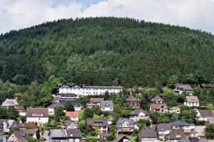 uma cidade em frente a uma montanha em Hotel Lahnblick em Bad Laasphe