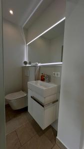 ein Badezimmer mit Waschbecken, Toilette und Spiegel in der Unterkunft Ferienwohnung Dublin in Hannover