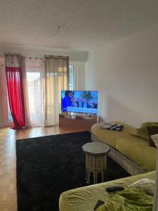 a living room with a couch and a flat screen tv at Soran in Montagibert