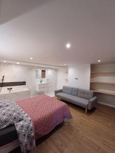 Foulayronnesにあるmaison avec jardin 4 pers, 2 lits, billard, wifi, climのベッドとソファのある寝室