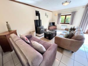 a living room with two couches and a fireplace at Rose Cottage with seasonal Swimming Pool in Le Mesnil-Gilbert