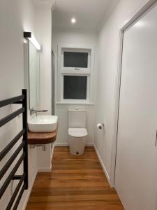 a bathroom with a sink and a toilet and a window at Tiny house in the Treetops in Northland +10 photos