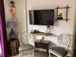 a living room with two chairs and a tv on the wall at Maison terrasse et jardin à proximité de Paris in LʼHay-les-Roses