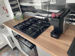 a stove top oven sitting on top of a counter at Garsoniera Soarelui 69 in Roşu +1 photo
