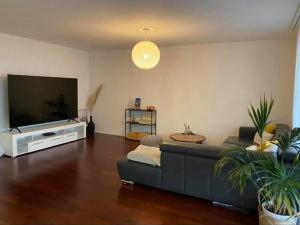 a living room with a couch and a flat screen tv at TOP Ferienwohnung in Aadorf