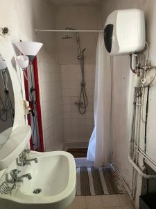 a bathroom with a sink and a shower at Relai de randonnées pédestres, cévenoles, bassin en eau de source, randonnées d'ânes abreuvoir et enclos in Monoblet +49 photos