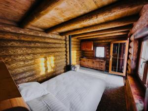 a bedroom with a bed in a log cabin at Chata LESNÍ - "Lesni Udoli" in Horní Halže