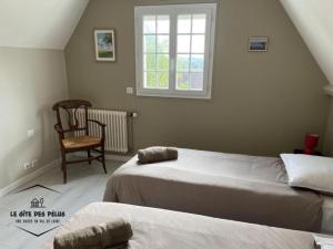 a bedroom with two beds and a chair and a window at Le gîte des pélus in Rochecorbon