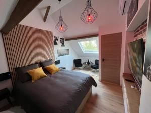 a bedroom with a large bed with pink walls at Spa, nature et vous in Ennevelin