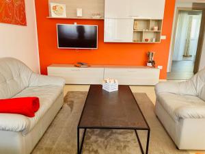a living room with two couches and a tv at Boutique Apartment with Private Heated Pool in Novigrad Istria