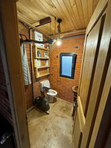 a small bathroom with a toilet and a television at Cabana lac Apa Stefania in Medieşu Aurit +45 photos