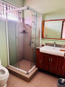 a bathroom with a shower and a sink and a toilet at Vintage Lodge in Quatre Bornes