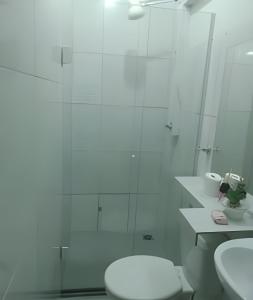 a white bathroom with a shower and a toilet at Apto 4 Bom Preco in Riacho Fundo