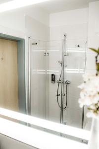 a shower in a bathroom with a mirror at Müritz-Strandhotel in Röbel