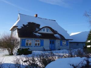 una casa con techo de paja en la nieve en Captain House South Cats 8, en Wieck
