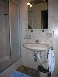 a bathroom with a sink and a shower and a tub at Haus Gutwenger in Sankt Jakob in Defereggen