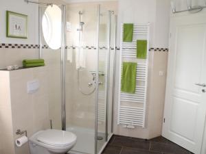 a bathroom with a shower and a toilet at Luxury holiday house "Schleibrise" in Hestoft +12 photos