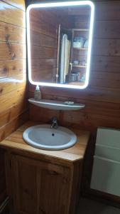a bathroom with a sink and a mirror on a wooden wall at Chaguimama Snow in Eyne +11 photos