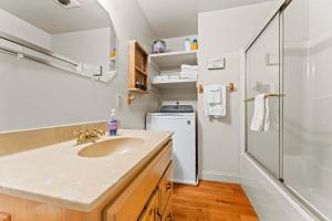a bathroom with a sink and a washing machine at Old Rag A-Frame: Mountain Views Hot Tub Fire Pit in Etlan +45 photos