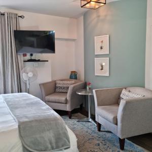 约翰内斯堡B&B on Buckingham Guest House的酒店客房带一张床、椅子和电视