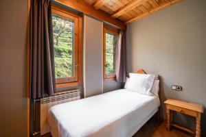 a bedroom with a bed and two windows at Aparthotel AnyosPark Mountain & Wellness Resort in Anyós