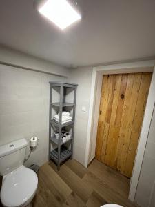 a bathroom with a toilet and a wooden door at Libertad B in Santiponce +13 photos