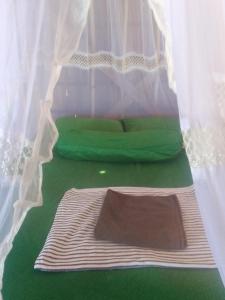 BesirHomestay taporaikos的一张带绿床垫的窗帘下的床铺 更多18张照片