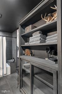 a bathroom with a shelf with plates and dishes at Whiskey Barrel, Hot Tub, Waterfront, Pickleball in Karnack
