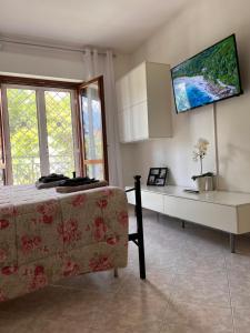 a bedroom with a couch and a tv on the wall at Appartamento “BellaVista” a Norma in Norma +39 photos
