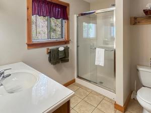 a bathroom with a shower and a sink and a toilet at Goldies Hideaway in Bryson City +55 photos