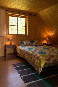 a bedroom with a bed and a window in a cabin at Veskikivi Holiday Home in Mäebe
