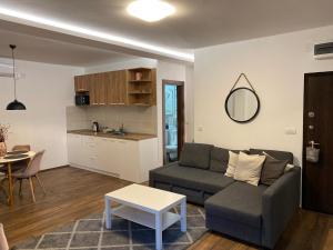 uma sala de estar com um sofá e uma mesa em Apartman Šumarak Divčibare 2 em Divčibare