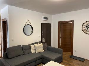 uma sala de estar com um sofá cinzento e um espelho em Apartman Šumarak Divčibare 2 em Divčibare