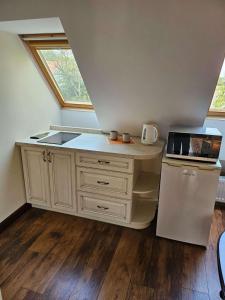 an attic kitchen with a sink and a refrigerator at Vila Mažoji apartamentai in Palanga