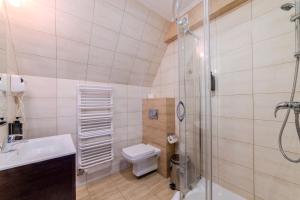 a bathroom with a shower and a toilet and a sink at Pensjonat Sekuła*** in Bukowina Tatrzańska +91 photos