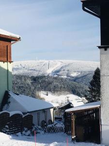 widok na pokrytą śniegiem górę z domu w obiekcie Chalet Gamma w mieście Jáchymov