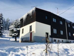 czarno-biały budynek w śniegu w obiekcie Chalet Gamma w mieście Jáchymov