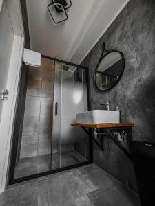 a bathroom with a sink and a shower with a mirror at Pensiunea 82 in Nădlac