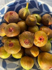 a pile of fruit on a blue and white plate at Casa Frutales - Landhaus mit Garten nahe Strand und Finisterre in Fisterra